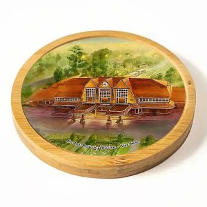 Miếng lót ly cốc coaster bằng gỗ tre và vải in tranh vẽ danh lam thắng cảnh quê hương Việt Nam