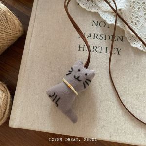 JJT Cute Handmade Fabric Cat Necklace for Kids Cartoon Animal Pendant with Beaded Collar Adorable Gift for Children