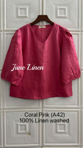 Áo cổ tim tay phồng Linen tưng washed. JUNE LINEN #A42