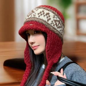 【Clementty】 Vintage Jacquard Knitted Warm Cap For Women Ear Protection Warmer Beanies Skullies Windproof Pullover Caps