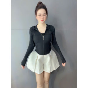 áo khoác kiểu nữ thun tăm lạnh dây kéo vạt bầu phối mũ