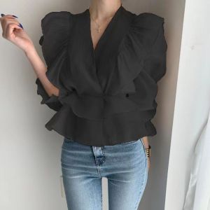 COD Alisa.Sonya Womens Ruffle V Neck Puff Sleeve Blouse Summer Vintage Casual Chiffon Top(Size up)