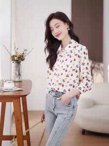 Ammin 2024 mùa xuân và mùa thu đơn giản ve áo đơn ngực dài tay đi lại áo voan phụ nữ phong cách Hàn Quốc hợp thời trang in hình học Áo Blouse thanh lịch