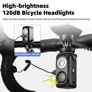 Rechargeable Bicycle Headlight Anti-Dazzle LED Front Light with 120dB Warning Horn Dual Hanging Standard Mount Shockproof Waterproof