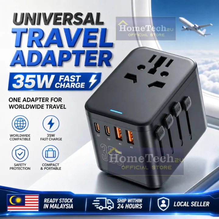 Universal Travel Adapter 35W USB C Fast Charger QC3.0 International Plug UK US EU AUS Worldwide All in One