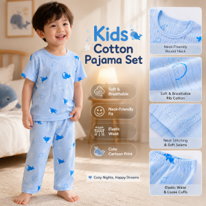 AILEBE Kids Pajamas Cotton Sleepwear Set Soft Breathable Lightweight All-Season Summer Pajama Cute Cartoon Prints Elastic Waist No Tummy Squeeze Loose Cuffs Neck-Friendly Fit Pambahay Pantulog for Baby Boys Girls 0-10 Years