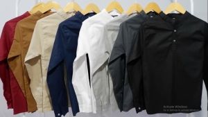 TopOne88 Baju Kemeja Koko Lengan Panjang Katun Stretch Anak Laki-laki Usia Tanggung Hitam Putih