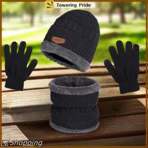 [Towering Pride] 3-Mảnh Mùa Đông Người Đàn Ông Của Hat Set Khăn Găng Tay Găng Tay Và Cổ Ấm Hơn Tất Cả Trong Một Lông Cừu Lót Dệt Kim Hat