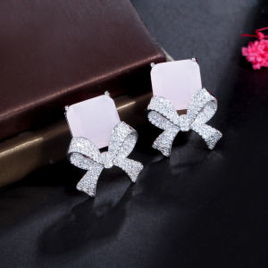 SEQUITO Korean Fashion Women Jewelry Unique Frosted Blue Green Pink Crystal Square Drop Connect Cubic Zircon Bowknot Big Stud Earrings for Girls Birthday Gift SE591