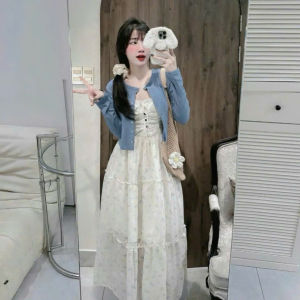 DX_Set đồ nữ mùa thu xinh đồ đi biển đầm Voan buộc dây dáng dài kèm áo khoác cardigan ngắn tay dài