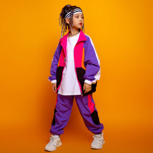 LOlanta Boys Girls 2Pcs Color Block Jacket+Track Pants Sets Kids Hip Hop Dance Patchwork Clothes Streetwear 4-16Years