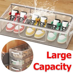 กล่องรองเท้าแบบซ้อนได้ / กล่องจัดระเบียบรองเท้าพลาสติกใสพร้อมฝาปิดสำหรับผู้หญิง/ผู้ชาย / กล่องเก็บของแบบพับได้ / กล่องเก็บรองเท้ากันฝุ่นแบบพับได้ที่พื้นเตียง / จัดระเบียบบ้านสำหรับเสื้อผ้า ของเล่น หนังสือ