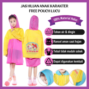 Jas Hujan Anak Karakter Lucu +Tas Pouch Anti Air Mantel Poncho Terusan