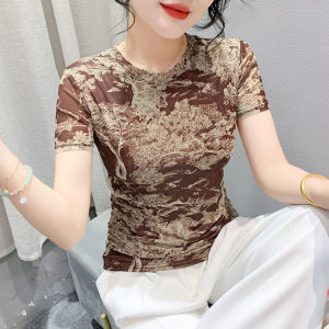 Ammin เสื้อเบลาส์ผู้หญิงเสื้อยืดผ้าฝ้ายหรูหราแขนลำลองขาสั้นพิมพ์ลายดอกไม้เสื้อผู้หญิงคอกลมไซส์ใหญ่พิเศษฤดูร้อน2024