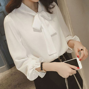 NLONKE Loose Shirt Women Summer Casual White Khaki Blouse Top  Bowknot Top Lace-up  Long Sleeve Chiffon Shirt