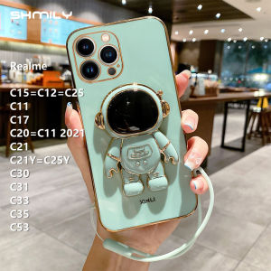 For Realme C15 C12 C25 C11 C17 C20 C11 2021 C21 C21Y C25Y C30 C31 C33 C35 C53 Stylish Cool Personality Luxury Astronaut Stand Mobile Phone Case Soft Silicone Shock Proof Electroplated Mobile Phone Cover + Hand Rope