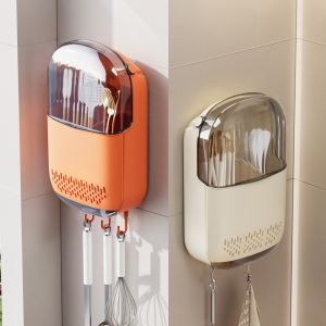 Kitchen Wall Mounted Chopstick Cage No Drill Adhesive Storage Holder Drainage & Dustproof Utensil Caddy Space Saving Kitchen Organizer