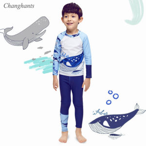 Two Pieces Swimwear for Children Swimsuit for Kids Swimming Outfit for Boys 2-10 Y Child Rash Guard Baby Long Sleeve Sandy Wear with Swim Cap Light Blue Patchwork Whale Pattern