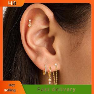 HB 4PCS Chain Huggie Earring Set For Women Fashion Flower Tragus Hoop Earrings Bulk Cartilage Helix Jewelry Lobe Earing