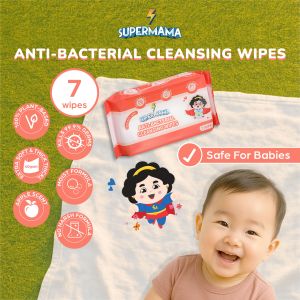 Supermama 100% Plant-Based Anti-bacterial Mini Wet Wipes | 7 Sheets/Pouch - Apple Scented for On-the-Go Use Pocket Tissue for Hand Mouth Body