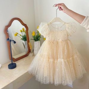 Korean Princess Dress Girls High end Summer Sweet Girl Baby Bubble Sleeve Mesh Sequin