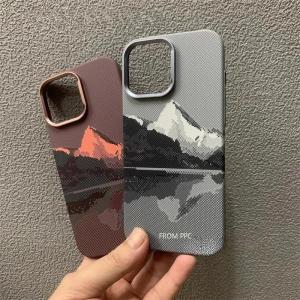 Mountain Print Carbon Relief Case for iPhone 17 16 Pro Max 15 Wireless For Magsafe Hard PC Lens Frame Phone Shell Funda