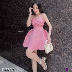 TW20316 เดรสสั้นสายเดี่ยวจับจีบอก สมอคหลัง กระโปรงทรงบาน ..