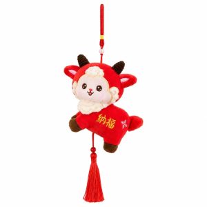 DOWNA Vải nhung Móc khóa hình cừu bông Đệm mềm mại Có tua rua Tượng cừu con Thú nhồi bông hình cừu theo cung hoàng đạo. Tết Nguyên Đán