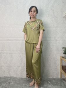 Lua22 Đồ bộ mặc nhà lụa Latin tay ngắn quần ống rộng dài 9 tấc đồ mặc nhà trung niên size lớn từ 50 - 75 kg