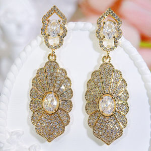 SEQUITO Noble Lady Girls Hollow Leaf Shaped Inlaid White AAA Cubic Zirconia Stones Cocktail Party Drop Earrings Silver Yellow Gold Plated Jewelry SE987
