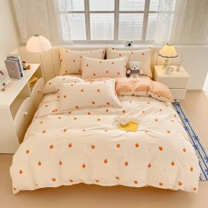 100% Cotton Bedding Set 3/4pcs Korean Cute Bunny Floral Printed Duvet Cover Set Ultra Soft Breathable High Density Quilt Covers