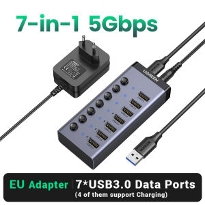 【EU Plug】UGREEN USB Hub 3.0 Powered USB Hub 7 Port Individual Splitter and LED Indicator 12V/2A Aluminum Dock Station for PC Laptop Mac MacBook Pro/Air