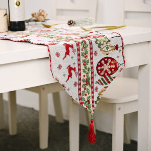 SG Linen Christmas Table Runner with Elk and Santa Claus Pattern for Holiday Decoration