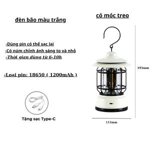 Đèn cắm trại dã ngoại kiểu cổ điển có móc treo đèn bảo du lịch ngoài trời chống nước dùng pin sạc USB tiện lợi