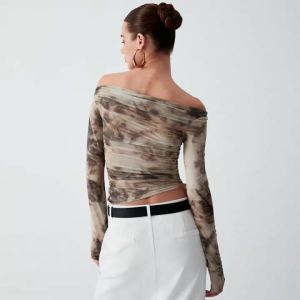 Spring Printed Slash Collar Long Sleeve Backless Shrinkage Top T-Shirt Mesh See Through Elegant Top Casual