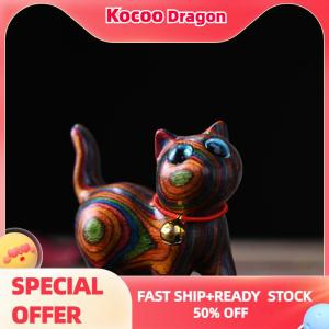 Kocoo Rainbow Wood Carving Cat Sculptures Cat Ornaments Cute Colored Wooden Cat Desktop Office Accessories Home Decor Gift Souvenirs