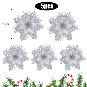 【Residence】5Pcs Glitter Artifical Christmas Tree Flowers Mreey Christmas Ornaments Home Decoration Happy New Year