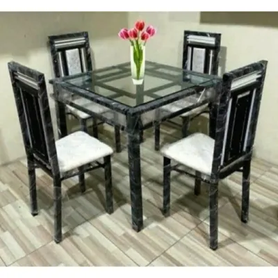 Meja Makan Rangka Besi Swedia 4 Kursi + Meja Kaca