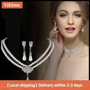 【Local shipping】 Elegant Simulated-pearl Bridal Jewelry Sets Rhinestone Pearl Drop Necklace+Earrings Wedding Jewelry Gift
