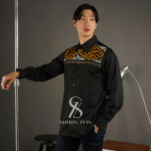 ShirinZein - Kemeja Pria Lengan Panjang Motif Tenun Etnik Hitam Casual Terbaru 2025