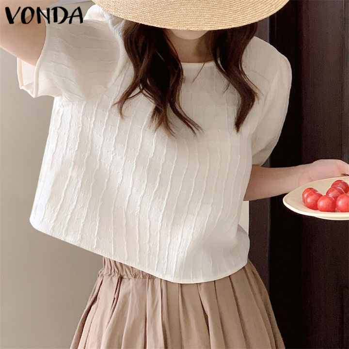 Vonda Womens Fashion Crew Neck Short Sleeved Holiday Loose Solid Tops