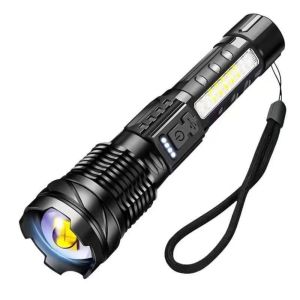 KET1P Red Blue Warning Light LED Flashlight COB Side Light USB C Charging Rechargeable Flashlight Adjustable Focus Zoomable Flashlight Outdoor Camping