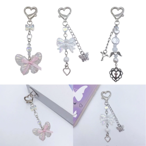 Butterfly Beaded Phone Lanyard Bowknot Pendant Wrist Strap Detachable Phone Chains Keyring Portable Accessory for Women