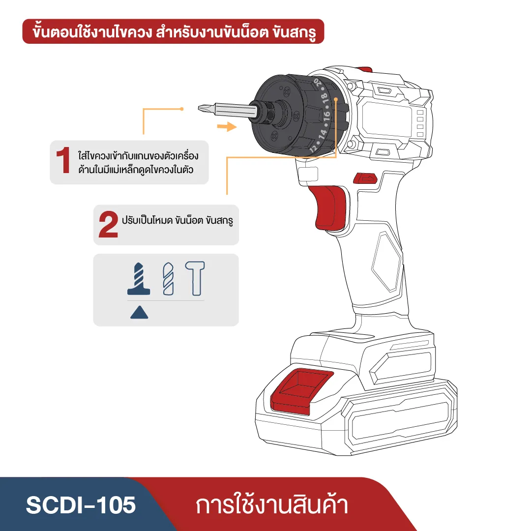 MASARU รุ่น SCDI-105 แรงบิด 85 N.m สว่านไขควงกระแทกไร้สาย 3 ระบบ ไขควงไร้สาย สว่านไขควง แบตเตอรี่ลิเธียม