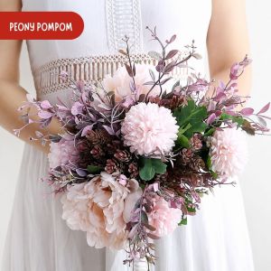 Buket Bunga Artificial Peony Pompom - Hand Bouquet Wedding Bunga Hias Dekorasi Meja A003