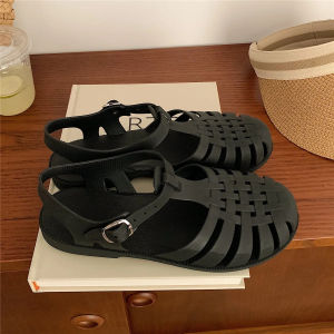 Summer 2026 Women Roman Jelly Sandals Retro Flat Transparent Crystal Beach Sandals Round Toe Casual Hollow Out Designer Shoes