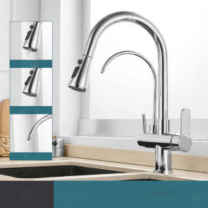 Three-in-one universal swivel-type faucet for cold and hot water in kitchen and home use with a rotating water basin for washing vegetables splash-proof design.