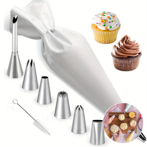 White piping bag with six metal tips for cake decorating.