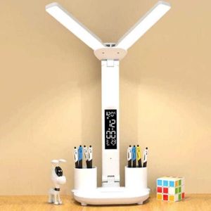 Lampu Meja Belajar Double Lamp /Lampu Kerja Jam Digital Touch Swich / Lampu Dengan Tempat Pensil
