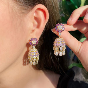 SEQUITO Delicate Purple Flower Drop with AAA Cubic Zircon Tassel Fashionable Bell Chandelier Dangle Earrings for Women Banquet Party Costume Jewelry SE506